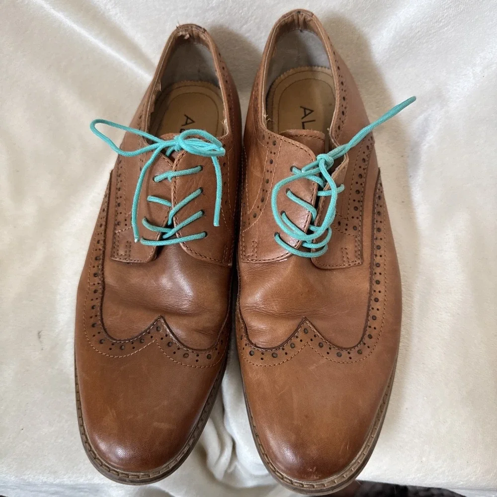 men's ALDO brown leather wingtip oxfords Stacked Heel Torquoise Lace. Sz7